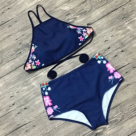 High Neck Bikini Flower Printed Swimsuit Women Sexy Backless Swimwear