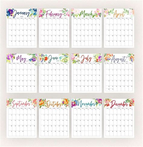 Printable Wall Calendar Bundle Editable Floral Watercolor 2020