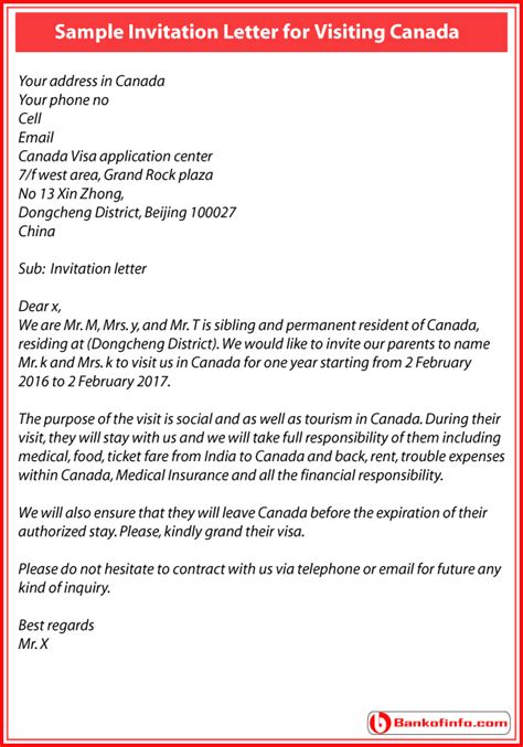 Sample Invitation Letter For Canadian Visa | Writing Letter