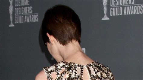 Anne Hathaway Slightly Grown Out Pixie Haircut With Heavy Beveled Bangs