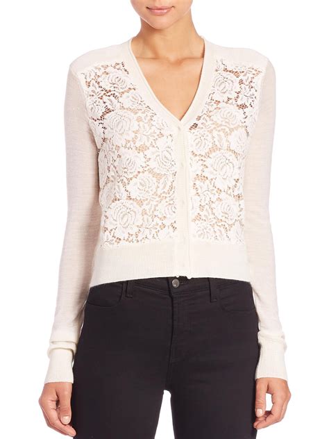 lyst rebecca taylor lace front cardigan sweater in white