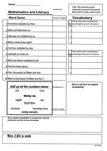 Maths And Literacy Numeracy And Literacy Set Of 20 Worksheets