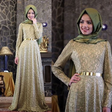 Buy Green Lace Muslim Evening Dresses Floor Length Full Sleeves Sash Long