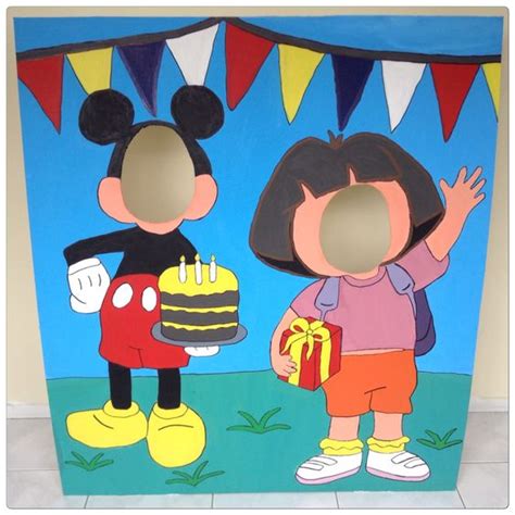 Face In Hole Photo Booth Featuring Mickey Mouse And Dora The Explorer
