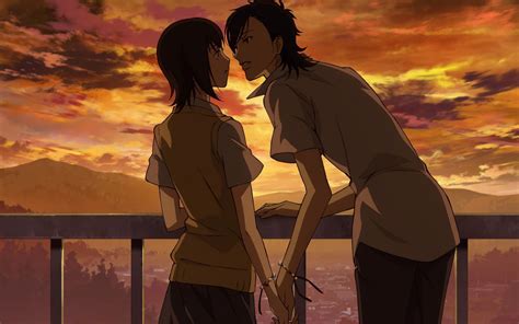 Love Anime Guy Girl Sunset Clouds Holding Hands Almost Kiss School