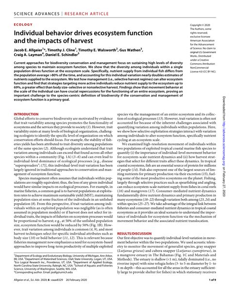 Pdf Individual Behavior Drives Ecosystem Function And The Impacts Of Harvest