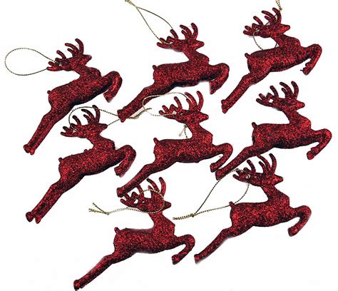 Set Of 8 Red Glitter Reindeer Christmas Tree Hanging Ornament Decorations 5055620929441 Ebay