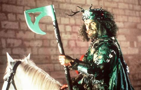 The green knight (sean connery) tricks gawain (miles o'keeffe) of the round table, then gives him a year to solve a riddle or die. Another view of Sean Connery and his Ivy armor for The ...