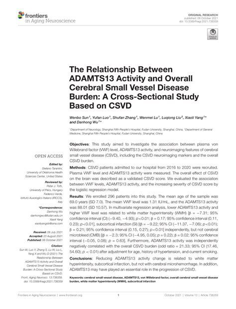 Pdf The Relationship Between Adamts13 Activity And Overall Cerebral