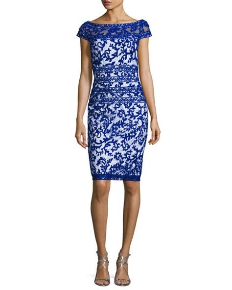 Tadashi Shoji Filigree Embroidered Lace Cocktail Dress Flame Neiman Marcus