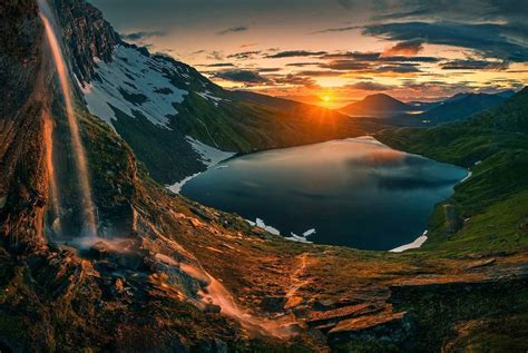 Nature Photography Landscape Waterfall Lake Mountains Snow Clouds Sky Norway Sunrise