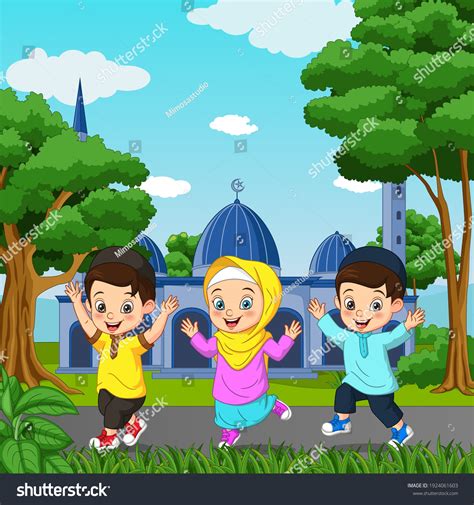 Happy Muslim Kid Cartoon Front Mosque Stock Vector Royalty Free