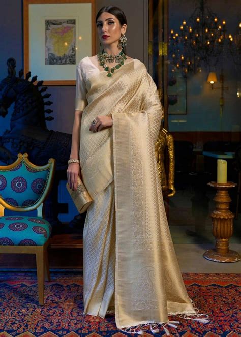 Cream Golden Kanjivaram Silk Saree Party Wear Saree Wedding Etsy