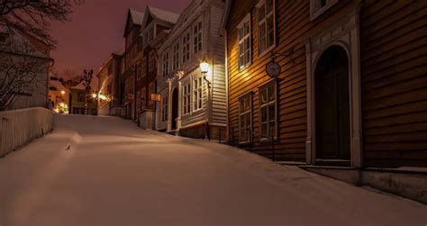 Nature Winter Snow Norway Town House Night Lights Hills Trees