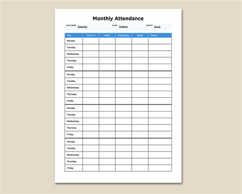 Daycare Monthly Attendance Sheet For Single Child With Etsy