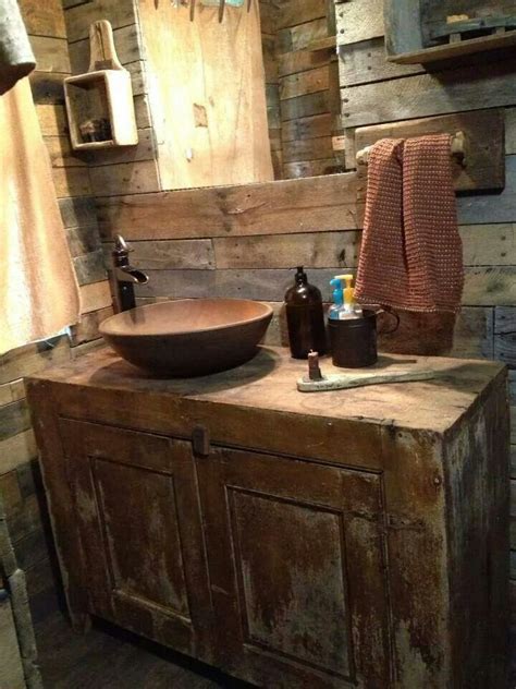 When brainstorming bathroom decorating ideas for art, think beyond a canvas print. Primitive bathrooms, Rustic bathrooms, Primitive bathroom