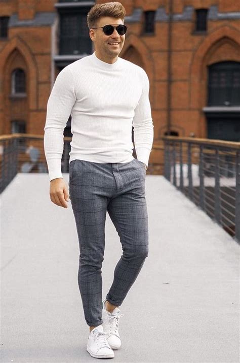 grey formal trouser plaid pants fashion wear with white sweater tartan pants outfit men ideas