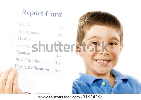 A report card, or just report in british english, communicates a student's performance academically. Stock Photo Of Child Holding Report Card, All A+, Isolated ...