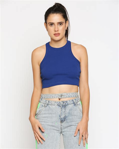 Buy Womens Sleeveless Royal Blue Ribbed Crop Top For Women Blue Online