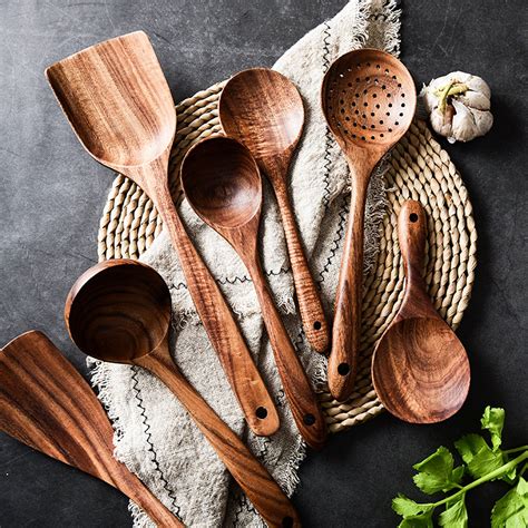 Natural Classic 7 Pcs Teak Wooden Kitchen Utensil Set Etsy In 2020