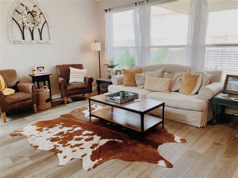 Modern Farmhouse With Mustard Accents Cowhide Rug Living Room Cow