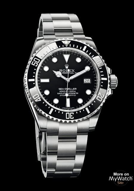 Unidirectionally rotatable black bezel and black dial with luminous hour markers. Watch Rolex Sea-Dweller 4000 | Oyster Perpetual 116600 ...