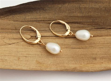 K Solid Gold Pearl Earrings Gold Pearl Drop Earrings Gold Etsy