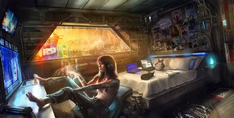 Wallpaper Women Cyberpunk Interior Futuristic Tattoo