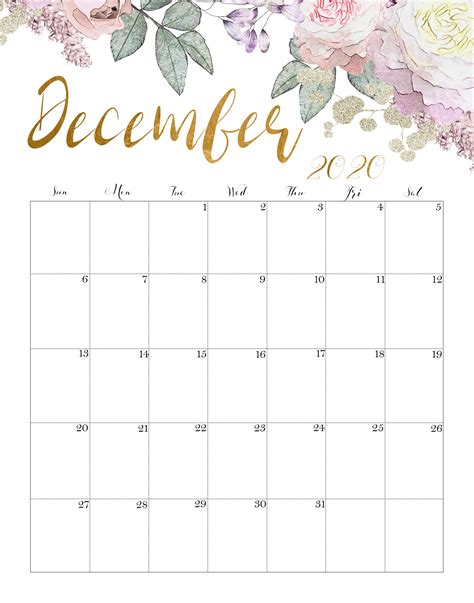 Floral December 2020 Calendar In 2020 Calendar Printables December