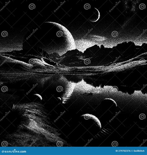 Alien Planet Landscape In Retro Dotwork Style Planets And Satellites