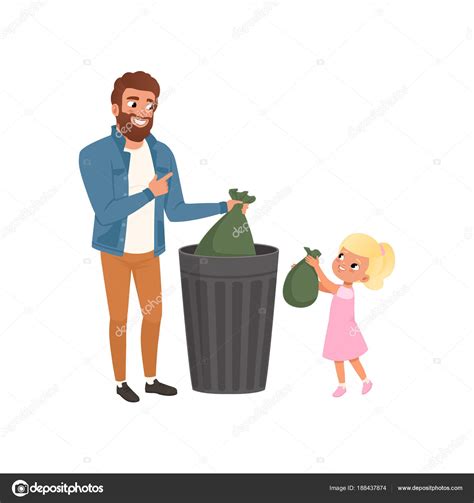Ilustración vectorial de niños de limpieza en el hogar y la serie tiding. Gente botando basura | Padre y su pequeña hija tirando ...