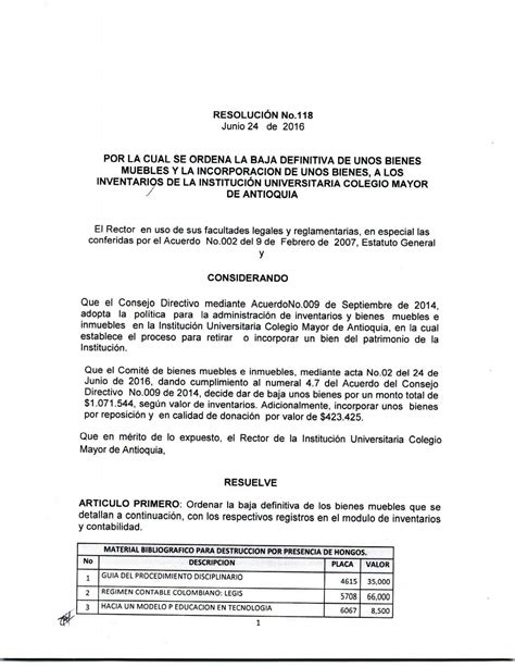 2016 Resolución 118 De 2016 Bajas De Inventario Bienes Muebles By