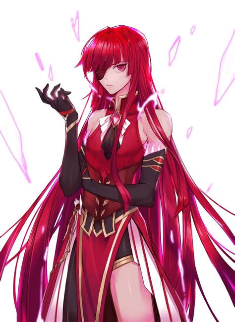 An Anime Character With Long Red Hair And Black Gloves Holding Her