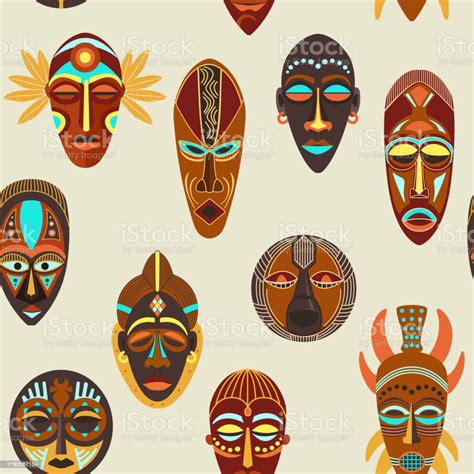 Seamless Pattern Flat Of Colorful African Ethnic Tribal Ritual Masks Of