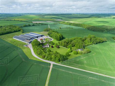 Aerial View Of Farm And Crops In Green Fields Stock Photo Dissolve