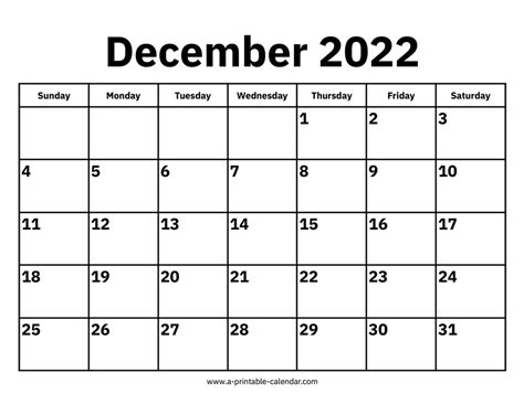 December 2022 Calendar A Printable Calendar