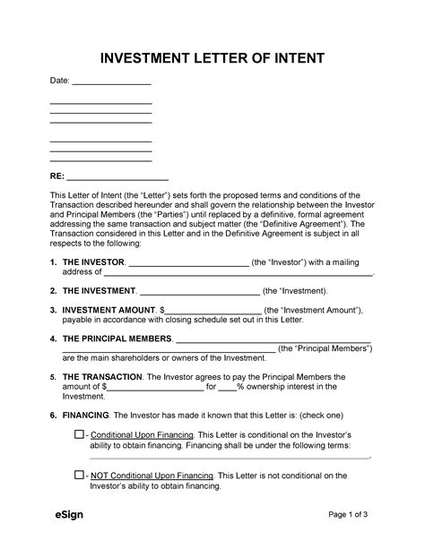 Free Investment Letter Of Intent Template Pdf Word