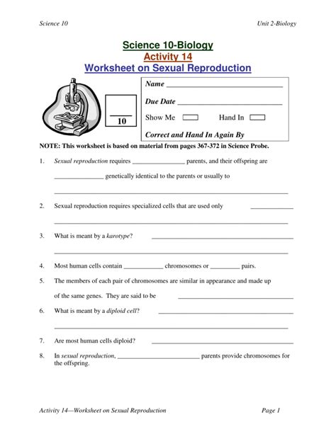 Science 10 Biology Activity 14 Worksheet On Sexual Reproduction