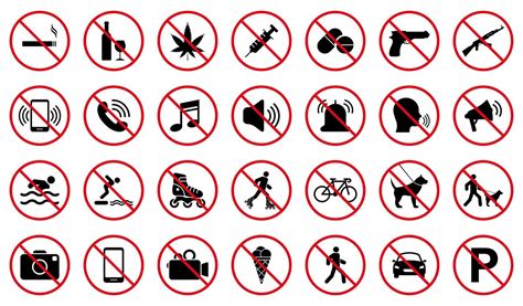 forbidden pictogram set attention restriction zone black silhouette icon caution red stop