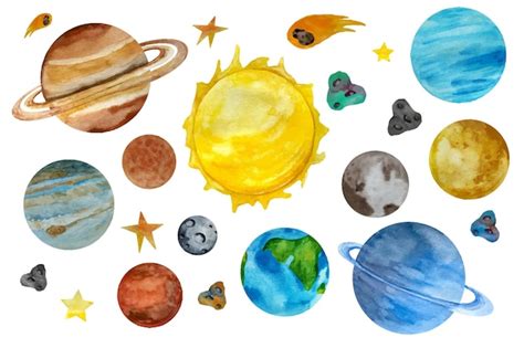 Aquarel Ruimte Clipart Zonnestelsel Planeten Ruimte Aarde Maan Jupiter Pluto Premium Vector