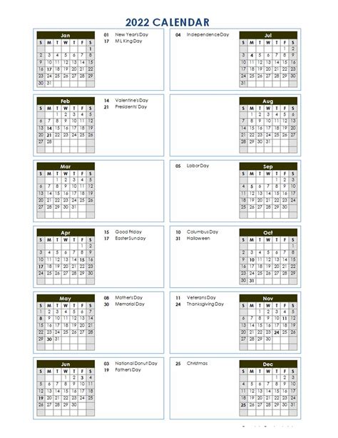 2022 Year At A Glance Word Calendar Template Free Printable Templates