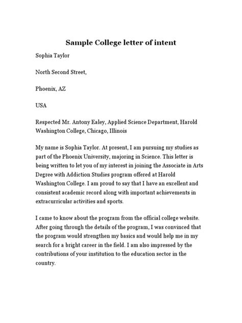 Sample College Letter Of Intent Pdf Master Of Arts Academia