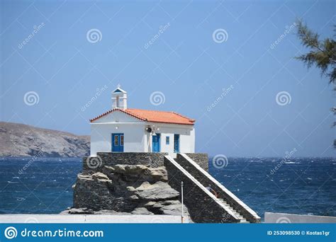 Andros Island Greece Panagia Thalassini Church Wavy Sea Stock Photo