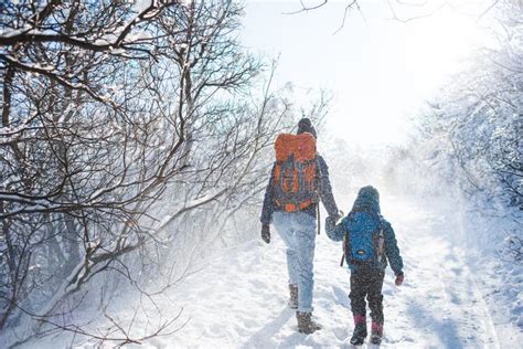 Woman With A Child On A Winter Hike In The Mountains Stock Image
