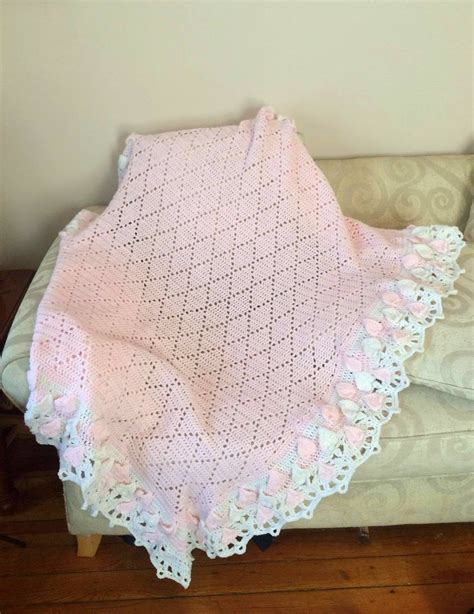 Lacy Crochet Diamond Baby Blanket With Hearts And Shells Border