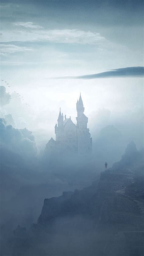 Download Wallpaper 938x1668 Castle Clouds Fog Mountains Art Iphone
