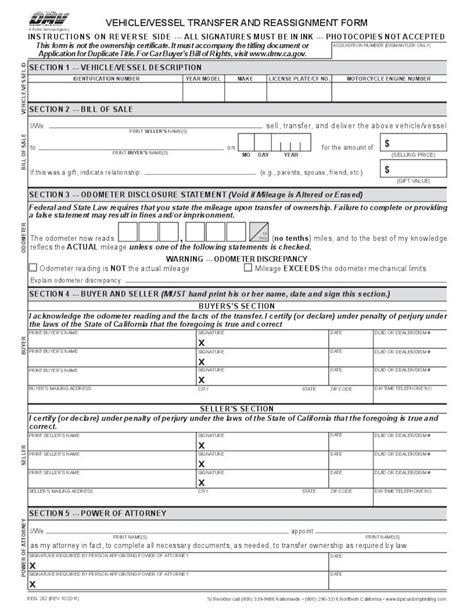 California DMV Form REG 262 Vehicle Vessel Transfer and Reassignment