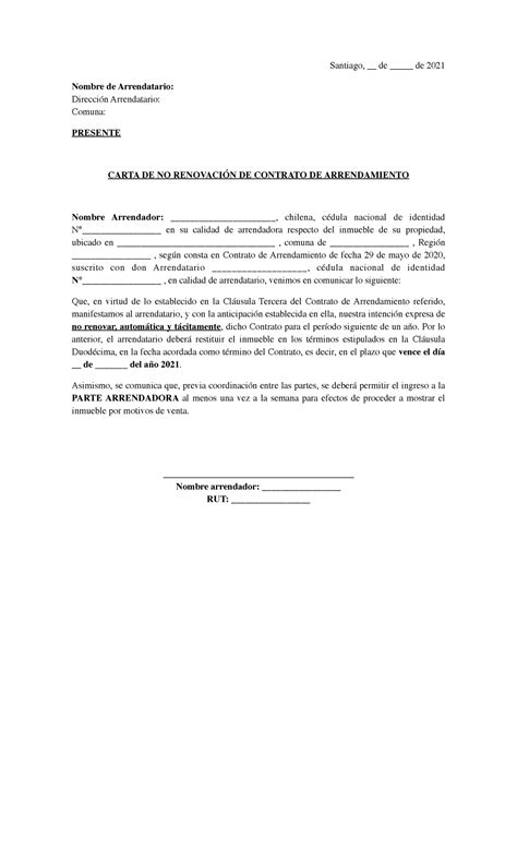 Carta De Notificacion Termino De Contrato De Arrendamiento Modelo Santiago De De