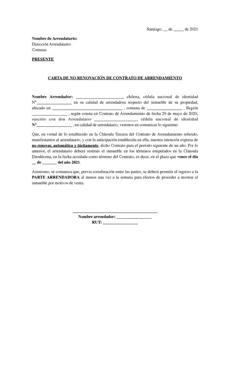 Carta De Notificacion Termino De Contrato De Arrendamiento Modelo