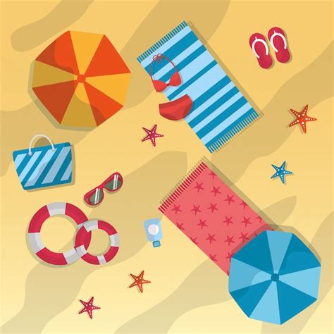 Free Vector Summer Beach Umbrella Towels Sunglasses Starfish Bag